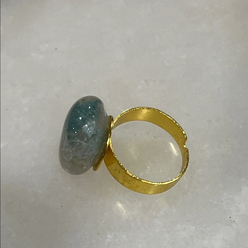 Crystal Moss Agate Ring Adjustable Gold Tone Cottagecore Spiritual Ring